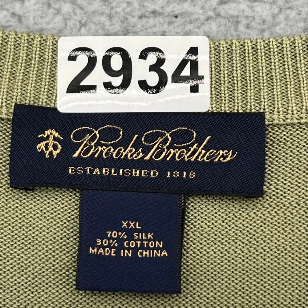 Brooks Brothers Mens XXL V-Neck Sweater Silk Cotton Blend Olive Green L/S
